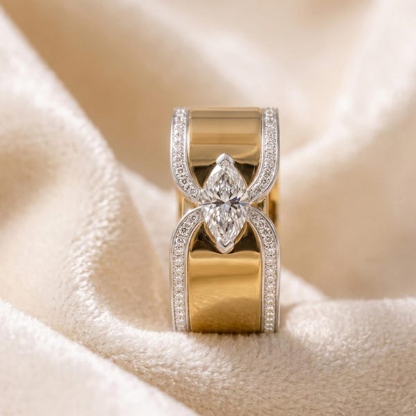 Moissanite Diamond Oura Ring Cover, Sterling Silver Open Wrap Ring,Oura Ring Enhancer, Marquise Cut Statement Ring,Luxury Spinner Style Band