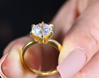 Anillo de compromiso de moissanita redondo de 6 puntas en oro macizo de 14 k, anillos de boda de moissanita de 3 quilates, anillo de moissanita solitario, anillo de promesa de oro