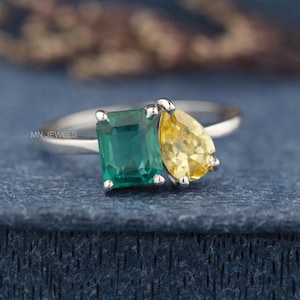 925 Silver Vintage Toi Et Moi Ring For Engagement, Emerald & Yellow Pear Gemstone Promise Ring, You And Me Wedding Ring, Two Stone Gold Ring