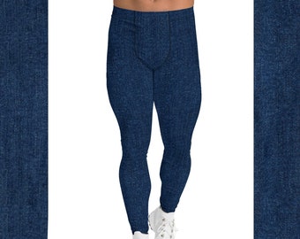 Blue Denim Print Meggings - Dark Jeans Look - Washed - Super Skinny Spandex Stretch - Men's Leggings - also in plus sizes