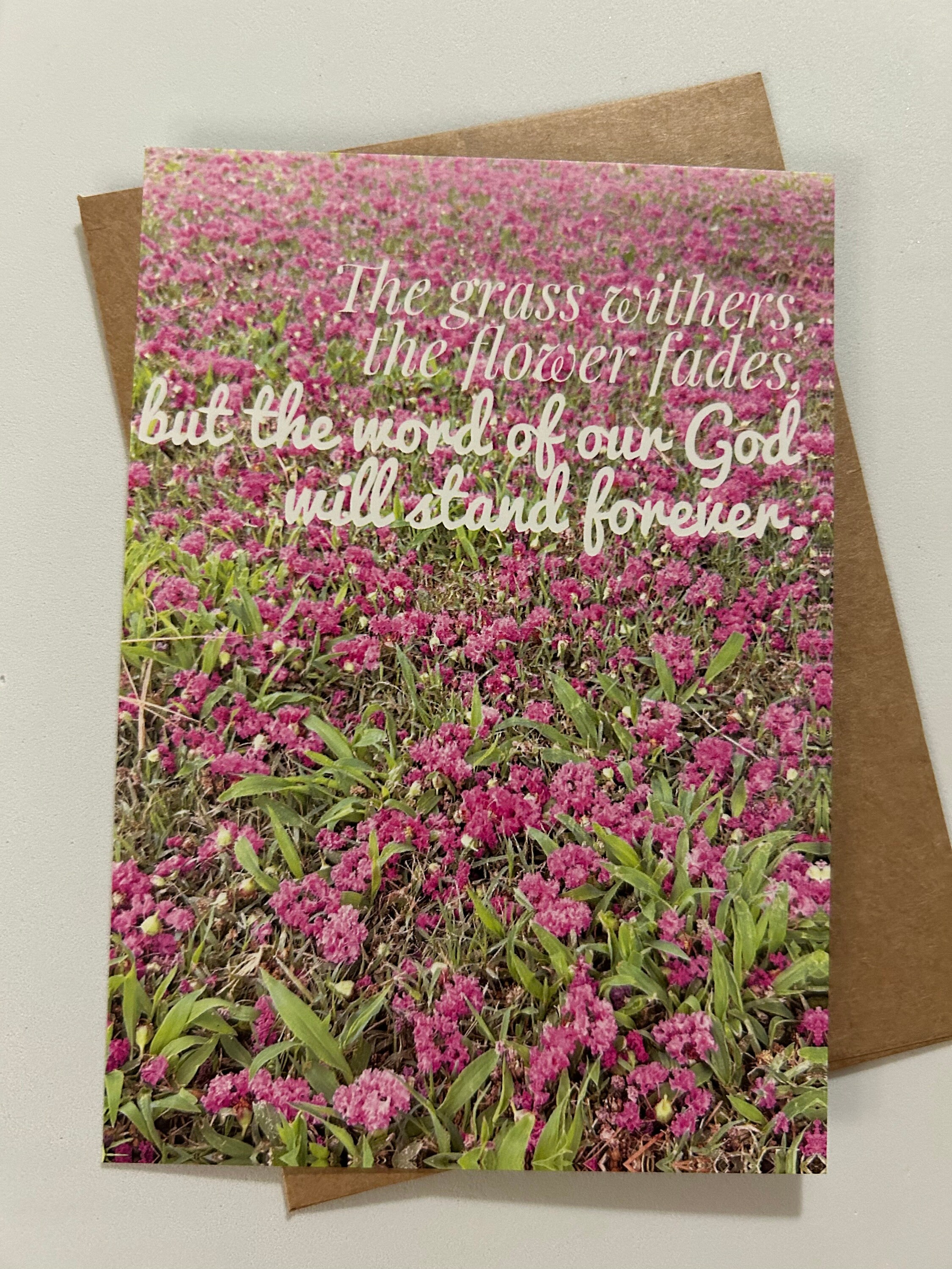 Crepe myrtle blooms scattered across freshly cut grass makes this card gorgeous, not to mention its scripture reminder of God's word.