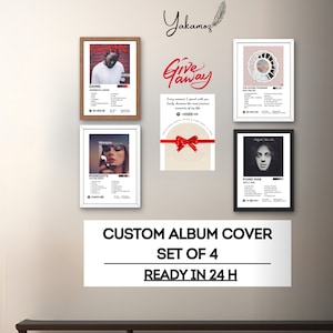Conjunto de portada de álbum personalizado de 4 arte de pared, póster de portada de álbum personalizado, póster de música personalizado, póster de lista de canciones, regalos musicales, regalo personalizado