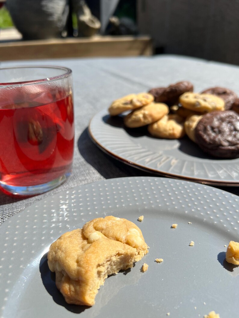 Puede incluir: Un vaso de l&iacute;quido rojo y un plato de galletas. Las galletas son una mezcla de chispas de chocolate y chocolate. Una galleta est&aacute; en un plato separado, con un bocado. Los platos son grises.