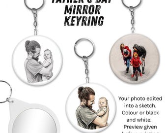 Personalised PHOTO TO SKETCH Photo Mirror Keyring | Custom Photo Keychain Your photo / words
