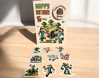 Tarjeta de cumpleaños personalizada de Minecraft y placa (juego de imanes para nevera opcionales)