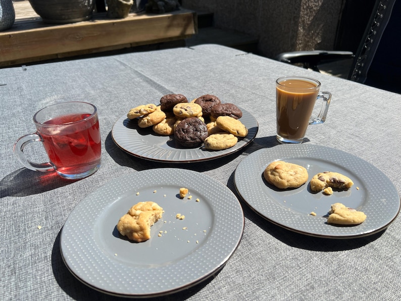 Puede incluir: Una mesa con galletas y bebidas. Varias galletas, algunas de chocolate y otras de vainilla, est&aacute;n en un plato gris. Tambi&eacute;n hay un vaso de l&iacute;quido rojo y un vaso de caf&eacute;. Tambi&eacute;n se ven dos platos adicionales con galletas.