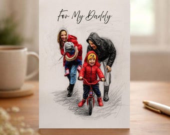 Personalised Photo to sketch Fathers Day card - keepsake Gift for him ANY WORDING (colour)