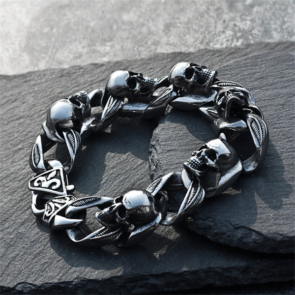 Bracelet tête de mort - Chaîne de bracelet tête de mort en argent- Goth Skull Bangle-Unisex Skull Wristband Bracelet-Men's Jewelry- Skull Jewelry- Mens Bracelet