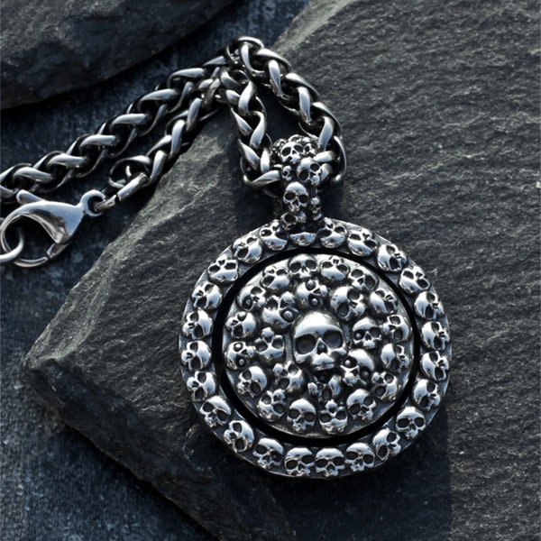 Collier de crâne tournant-Pendentif de crâne-Collier Memento Mori-Crâne anatomique-Bijoux gothiques pour hommes-Collier commémoratif de deuil-argent vintage