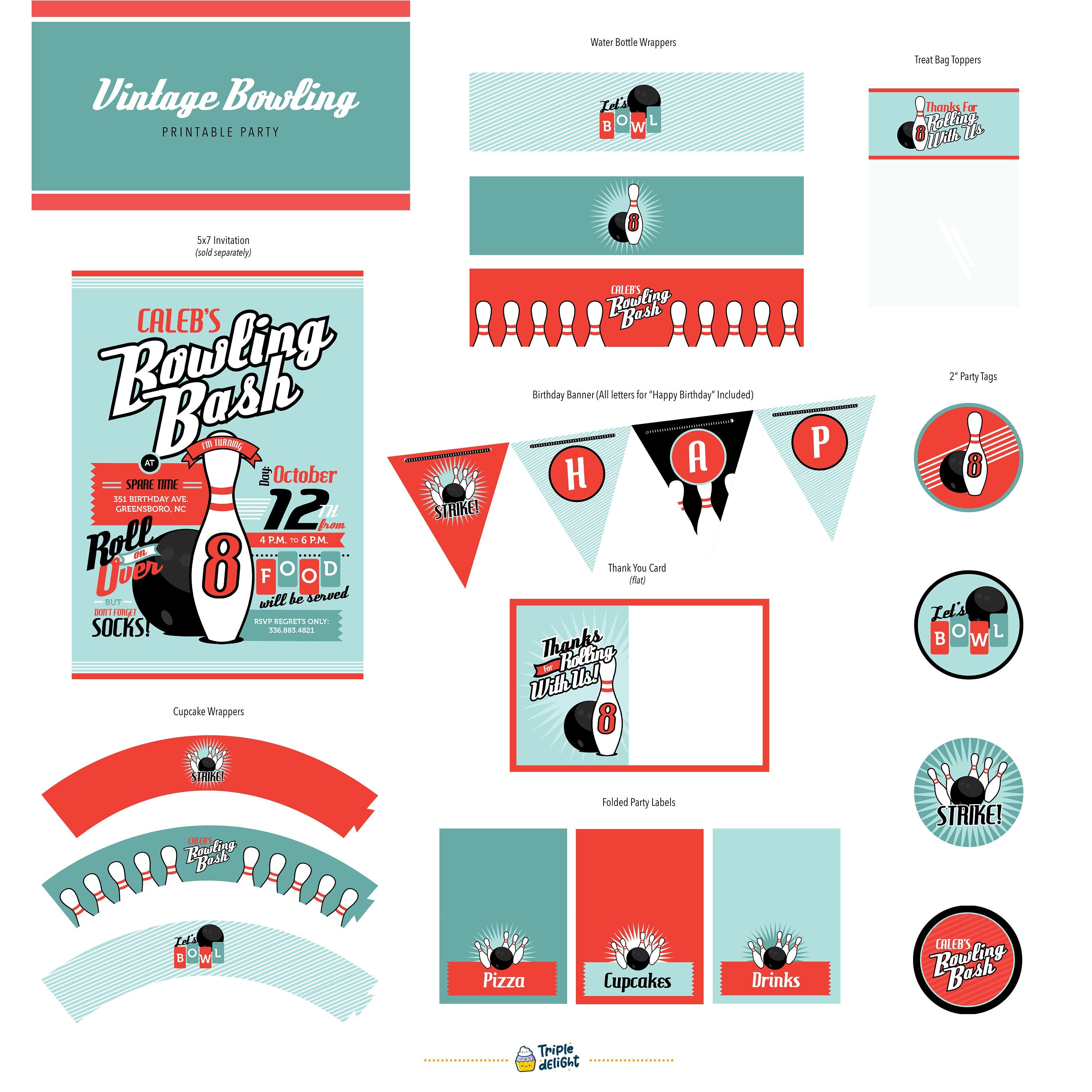 Retro Bowling Party Supplies, Retro Bowling Birthday PRINTABLE Party ...