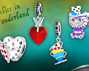 925S Alice im Wunderland Armband Charms, Queen of Hearts baumeln Charme, Cheshire Cat Anhänger, Teetassen Schmuck, Uhr Locket Charm, Pandora