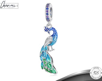 925er Silber Pfau baumeln Charme, Pfau Vogel Armband Charme, India Royal Pfau Anhänger, schöne Schmuck, Augen-Feder, passt Pandora