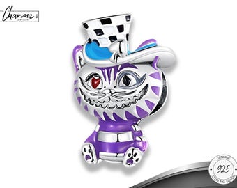 925 Silver Cheshire Cat Bracelet Charm, Alice in Wonderland Jewellery, Fantasy Gift, Purple Cat Charm, Cat Lover Present, Fits Pandora