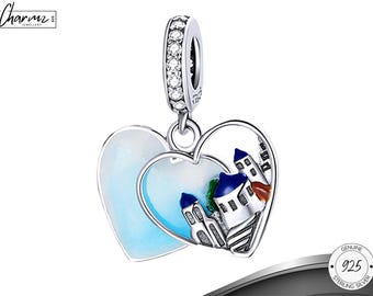 925 Silver Santorini Greece Heart Dangle Charm, Greek Islands Jewellery, I love Greece, Beach Heart Charm, Cyclades, Fits Pandora Bracelet