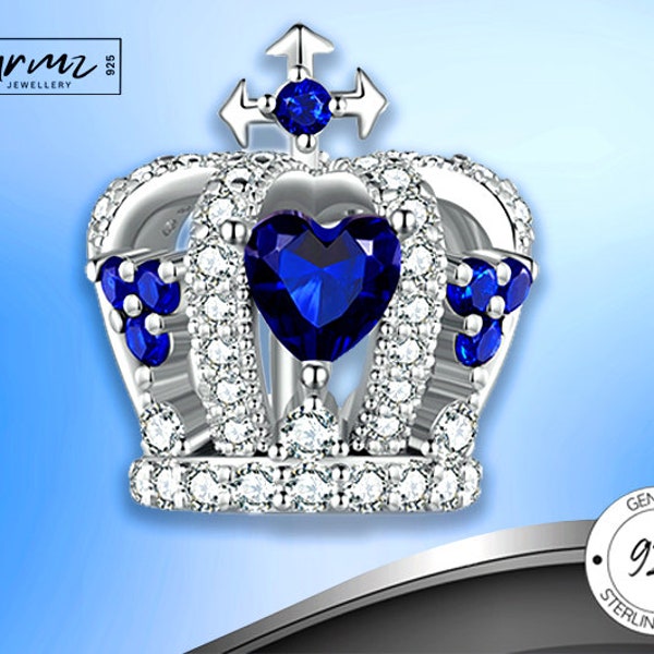 925 Silver Royal Crown Bracelet Charm, Sapphire Blue Crown Charm, London Gift, Buckingham Palace Souvenir, Queen Gifts, Jewels, Fits Pandora