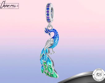 925er Silber Pfau baumeln Charme, Pfau Vogel Armband Charme, India Royal Pfau Anhänger, Pfau Auge Feder, passt Pandora Armband