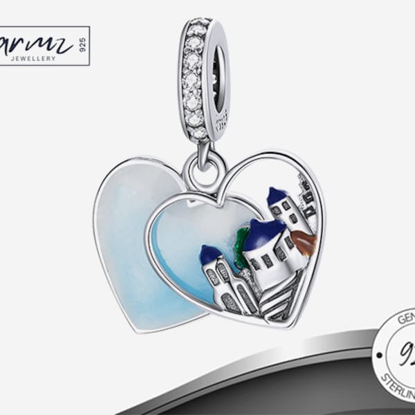 925 Silver Santorini Greece Heart Dangle Charm, Greek Islands Jewellery, I love Greece, Beach Heart Charm, Cyclades, Fits Pandora Bracelet