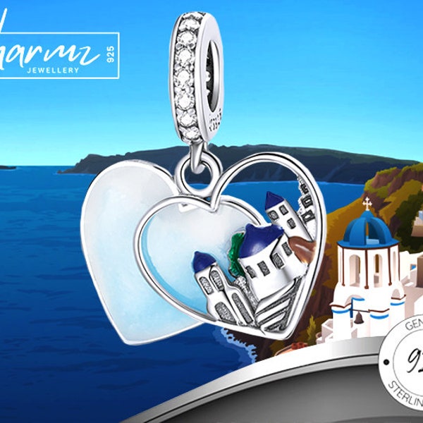 925 Silver Santorini Island Dangle Charm, Greek Islands Jewellery, I love Greece, Sea Heart Charm, Souvenir, Cyclades, Fits Pandora Bracelet