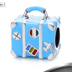 925 blauwe reiskofferbedel, bagagearmbandbedel, geëmailleerde reishanger, Bon Voyage-cadeau, reisarmband, vakantie, past op Pandora