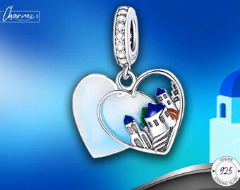 925 Silver Santorini Island Dangle Charm, Greek Islands Jewellery, I love Greece, Sea Heart Charm, Souvenir, Cyclades, Fits Pandora Bracelet