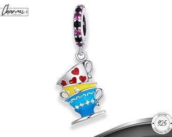 925 Sterling Silver Teacup Bracelet Charm, Alice in Wonderland Tea party Dangle Charm, tea, Fashion Jewellery, fits Pandora bracelet