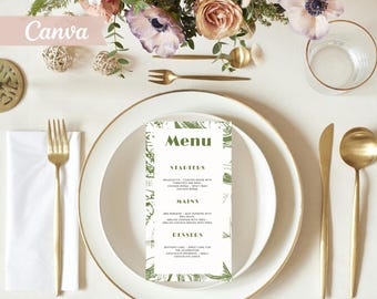 Plantilla de menú para cena con motivos botánicos, tarjeta de mesa para fiesta de cumpleaños en color salvia (4x9, 5x7)