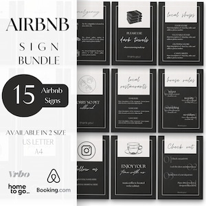 Puede incluir: Un conjunto de 15 letreros para Airbnb en blanco y negro. Los letreros incluyen información sobre emergencias, uso de toallas, tiendas locales, normas de la casa, restaurantes, redes sociales y salida. Disponible en tamaños US Letter y A4.