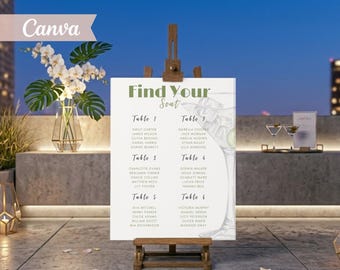 Plantilla de plano de asientos para bodas con motivos botánicos, letrero "Encuentra tu asiento" en tonos verde salvia (descarga digital en Canva)