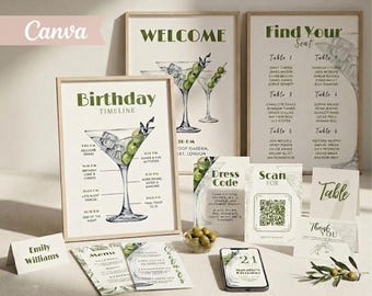 Paquete de papelería para fiestas Dirty Martini con temática de verde salvia, plantillas botánicas para bodas y cumpleaños en Canva.