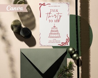 Invitación "Háblame de treinta", invitación de cumpleaños con cinta roja coqueta, plantilla editable para fiesta de martinis en Canva