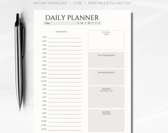 Dagelijkse planner Afdrukbare dagelijkse takenlijst Dagelijkse schema's 24-uurs Instant Download planner Dagelijkse prioriteiten Minimalistische planner