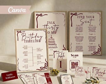 Paquete de cumpleaños "Talk Thirty To Me", conjunto de fiesta Martini con cinta roja, decoración de cumpleaños Coquette editable, conjunto de menú e invitación con lazo rojo Canva DIY