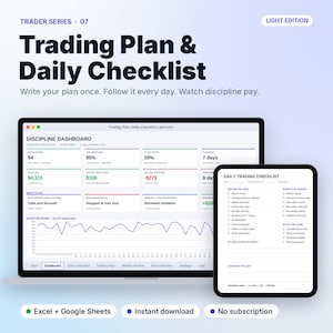 Puede incluir: Una plantilla digital de plan de trading y lista de verificación diaria mostrada en una pantalla de portátil y tableta. La interfaz presenta un panel de disciplina con métricas de rendimiento y una lista de tareas.