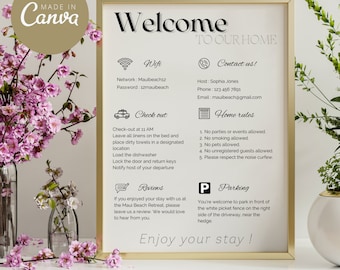 Moderne minimalistische Airbnb-welkomstbordsjabloon met wifi-contactregels en beoordeling Digitale download voor kortetermijnhuurwoningen