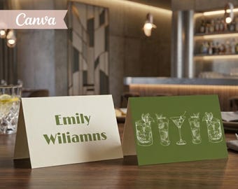 Tarjetas de mesa para Martini Botánico de Salvia, Etiquetas de Nombre Editables (Plantilla de Canva)
