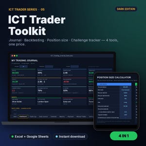 May include: ICT Trader Toolkit Dark Edition digital product featuring a trading journal and position size calculator. The interface displays financial data, metrics, and charts on a dark background. Includes Excel and Google Sheets compatibility.