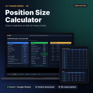 Op de afbeelding: Een digitale positiegroottecalculator voor handelaren weergegeven op een laptop- en tabletscherm. De interface in donkere modus bevat blauwe, groene en gele datavelden met invoergegevens, resultaten en een doeltabel voor diverse markten.