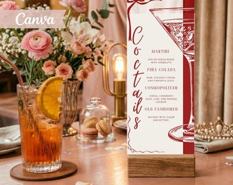Plantilla de menú de cócteles Red Ribbon, letrero de bar Coquette Martini, tarjeta de bebidas editable en Canva