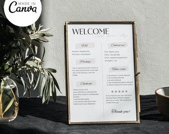 Aanpasbaar welkomstbord Airbnb Canva-sjablonen Directe download Bewerkbare huisregels Wifi Bekijk Airbnb Host Essential