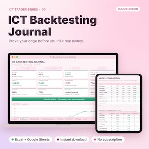 Pode incluir: Um diário de backtesting ICT digital em um tom blush exibido na tela de um laptop e tablet. A interface mostra estatísticas de negociação, incluindo taxas de vitória, fatores de lucro e comparações de modelos com rótulos de texto.