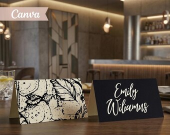 Black & White Place Card Template, Editable Canva Name Cards, Martini Party Seating Cards, Wedding Escort Cards
