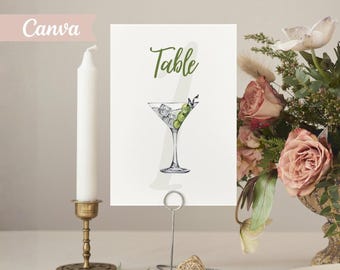 Números de mesa Dirty Martini, cartel botánico para bodas, decoración de fiesta con follaje verde salvia (plantilla de Canva)
