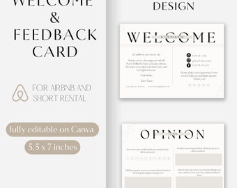 Minimalistische Airbnb-welkomstkaart en feedbacksjabloon Direct downloaden Canva bewerkbaar ontwerp Airbnb-hostkaart en gastfeedback