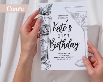 Black & White Martini Birthday Invitation, Editable Canva Template (Instant Download)
