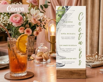 Plantilla de menú de cóctel Botanical Dirty Martini, lista de bebidas para bodas con temática de vegetación verde salvia (editable en Canva)