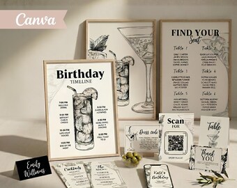 Black & White Martini Birthday Party Templates, Editable Canva Invitation, Menu, Seating Chart (Instant Download)