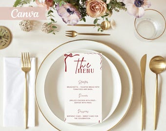 Plantilla de menú para cena con cinta roja, tarjeta de mesa botánica coqueta, lazo de cereza editable en Canva