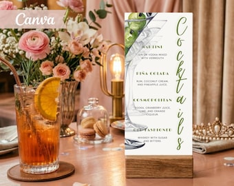 Botanical Dirty Martini Cocktail Menu Template, Sage Greenery Wedding Drinks List (Canva Editable)