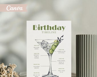 Plantilla de cronograma de cumpleaños con temática de Dirty Martini, itinerario de fiesta botánica (descarga digital)