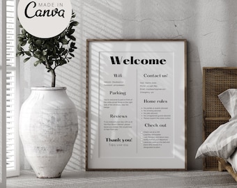 Afdrukbare Airbnb-welkomstbordsjabloon met huisregels en wifi-wachtwoord Moderne Airbnb-welkomstbord Canva-sjabloon Direct downloaden